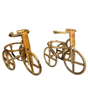 Handcrafted Rattan Tricycle Planter Pair - Golden Brown